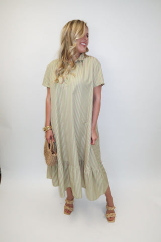 Palm Springs Pink and Green Stripe Ruffle Hem Midi Dress - The Pink Tulip Clothing