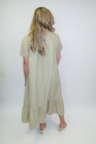 Palm Springs Pink and Green Stripe Ruffle Hem Midi Dress - The Pink Tulip Clothing