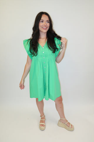 Fresh Start Green Flutter Sleeve Button Front Dress