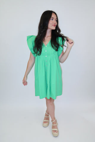 Fresh Start Green Flutter Sleeve Button Front Dress
