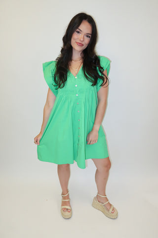 Fresh Start Green Flutter Sleeve Button Front Dress