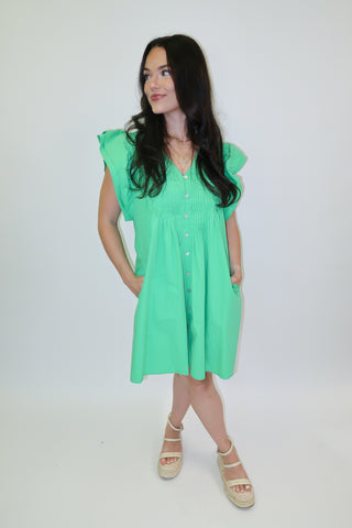 Fresh Start Green Flutter Sleeve Button Front Dress