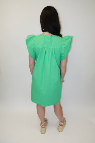 Fresh Start Green Flutter Sleeve Button Front Dress