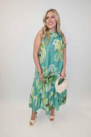 Garden Muse Floral Tie Neck Midi Dress - The Pink Tulip Clothing