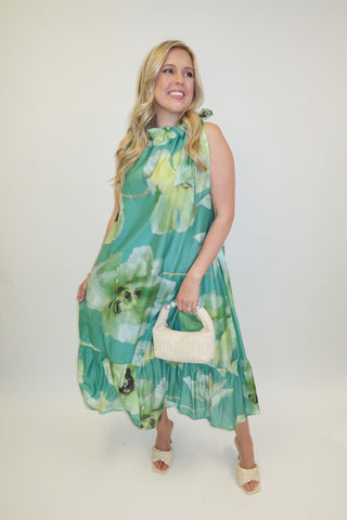 Garden Muse Floral Tie Neck Midi Dress