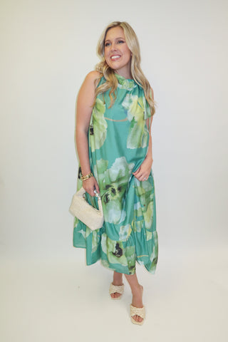Garden Muse Floral Tie Neck Midi Dress - The Pink Tulip Clothing