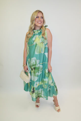Garden Muse Floral Tie Neck Midi Dress - The Pink Tulip Clothing