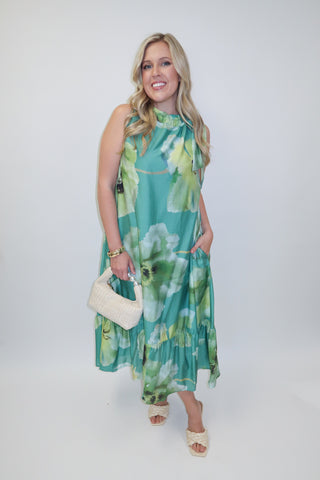 Garden Muse Floral Tie Neck Midi Dress - The Pink Tulip Clothing