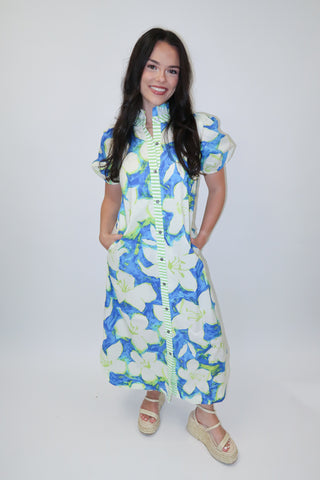 Bluebird Days Floral Button Front Midi Dress - The Pink Tulip Clothing