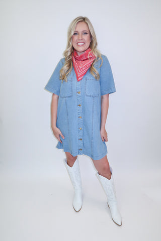 Blue Skies Ahead Denim Button Front Shift Dress - The Pink Tulip Clothing