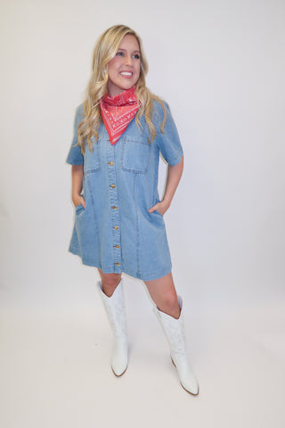 Blue Skies Ahead Denim Button Front Shift Dress - The Pink Tulip Clothing