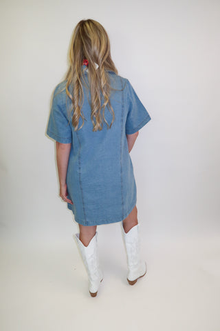 Blue Skies Ahead Denim Button Front Shift Dress - The Pink Tulip Clothing