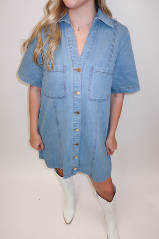 Blue Skies Ahead Denim Button Front Shift Dress - The Pink Tulip Clothing