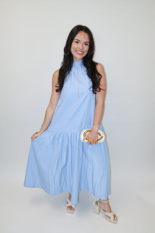 Ocean Air Blue Halter Ruffle Midi Dress - The Pink Tulip Clothing