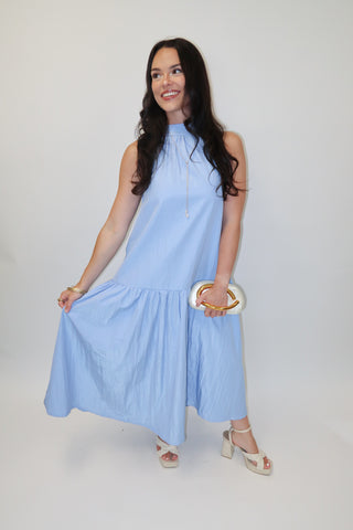 Ocean Air Blue Halter Ruffle Midi Dress - The Pink Tulip Clothing