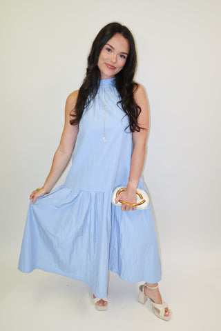 Ocean Air Blue Halter Ruffle Midi Dress - The Pink Tulip Clothing