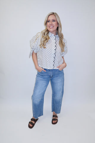 Dot the Occasion Polka Dot Scallop Tie Sleeve Top - The Pink Tulip Clothing