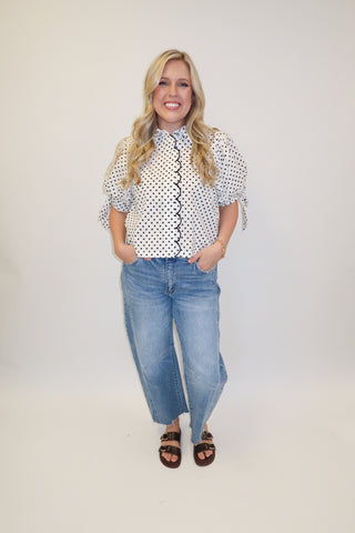 Dot the Occasion Polka Dot Scallop Tie Sleeve Top - The Pink Tulip Clothing