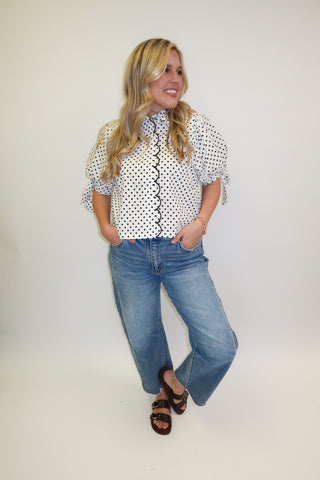 Dot the Occasion Polka Dot Scallop Tie Sleeve Top - The Pink Tulip Clothing