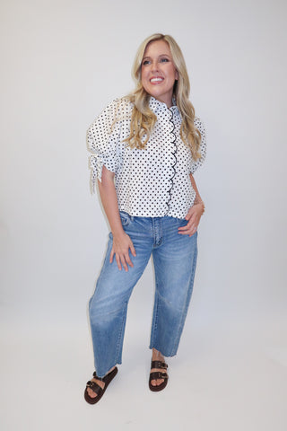 Dot the Occasion Polka Dot Scallop Tie Sleeve Top - The Pink Tulip Clothing