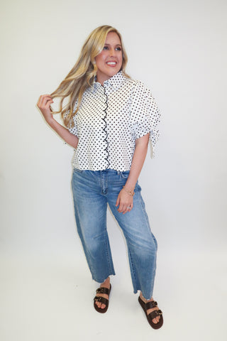 Dot the Occasion Polka Dot Scallop Tie Sleeve Top - The Pink Tulip Clothing