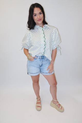Dot the Occasion Polka Dot Scallop Tie Sleeve Top