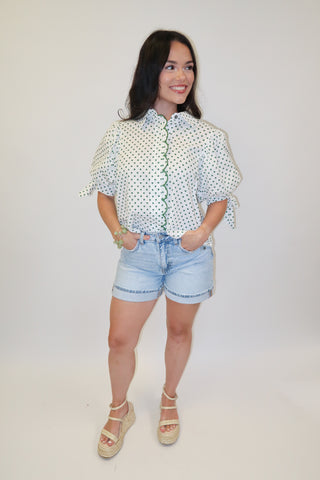 Dot the Occasion Polka Dot Scallop Tie Sleeve Top