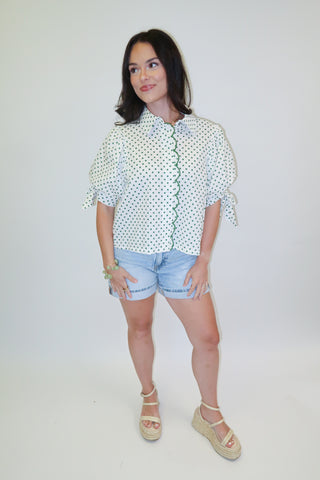 Dot the Occasion Polka Dot Scallop Tie Sleeve Top
