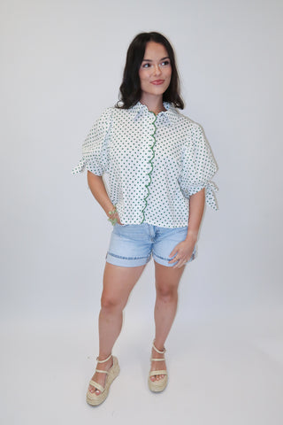Dot the Occasion Polka Dot Scallop Tie Sleeve Top