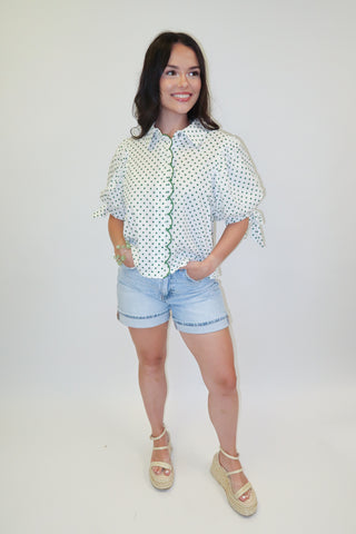 Dot the Occasion Polka Dot Scallop Tie Sleeve Top