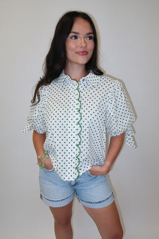 Dot the Occasion Polka Dot Scallop Tie Sleeve Top