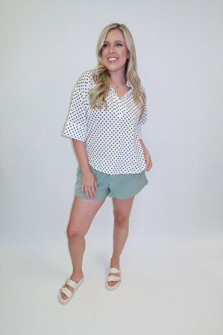 Midnight Mood Polka Dot Collared V-Neck Top