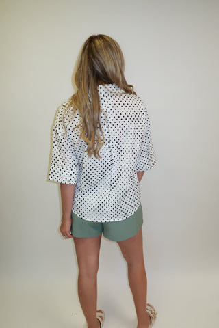 Midnight Mood Polka Dot Collared V - Neck Top - The Pink Tulip Clothing