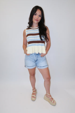 Boardwalk Babe Stripe Sleeveless Peplum Knit Top - The Pink Tulip Clothing