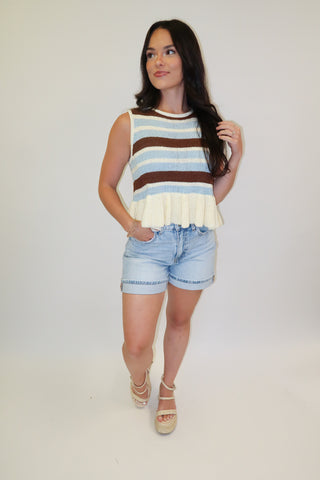 Boardwalk Babe Stripe Sleeveless Peplum Knit Top - The Pink Tulip Clothing
