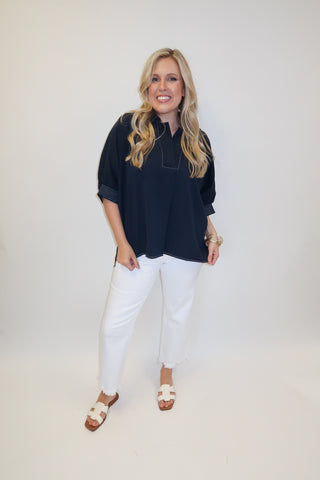 Clean Cut Navy Contrast Stitch Collared Top - The Pink Tulip Clothing