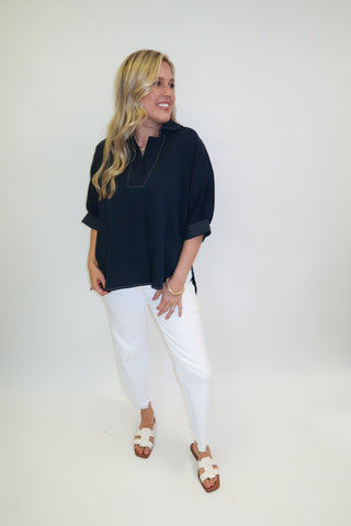 Clean Cut Navy Contrast Stitch Collared Top - The Pink Tulip Clothing
