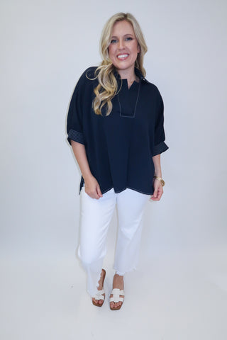 Clean Cut Navy Contrast Stitch Collared Top - The Pink Tulip Clothing