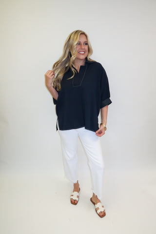 Clean Cut Navy Contrast Stitch Collared Top - The Pink Tulip Clothing