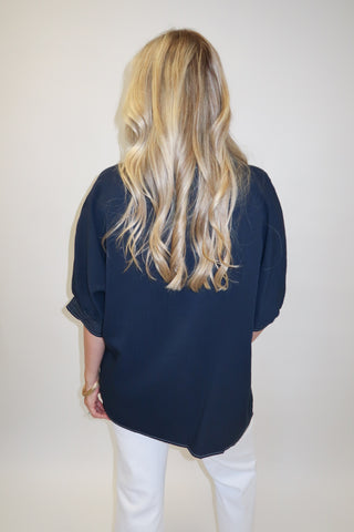 Clean Cut Navy Contrast Stitch Collared Top - The Pink Tulip Clothing