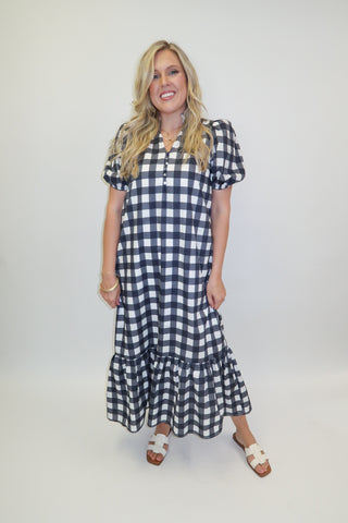 Nantucket Nights Navy Gingham Collared Midi Dress - The Pink Tulip Clothing