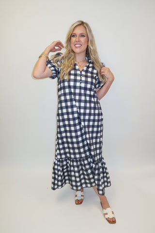 Nantucket Nights Navy Gingham Collared Midi Dress - The Pink Tulip Clothing