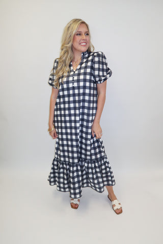 Nantucket Nights Navy Gingham Collared Midi Dress - The Pink Tulip Clothing