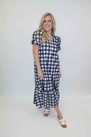 Nantucket Nights Navy Gingham Collared Midi Dress - The Pink Tulip Clothing