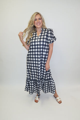 Nantucket Nights Navy Gingham Collared Midi Dress