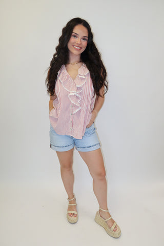 Sweet Escape Ticking Stripe Ruffle Neck Sleeveless Top - The Pink Tulip Clothing
