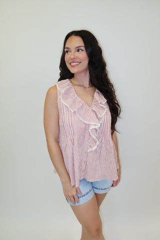 Sweet Escape Ticking Stripe Ruffle Neck Sleeveless Top - The Pink Tulip Clothing