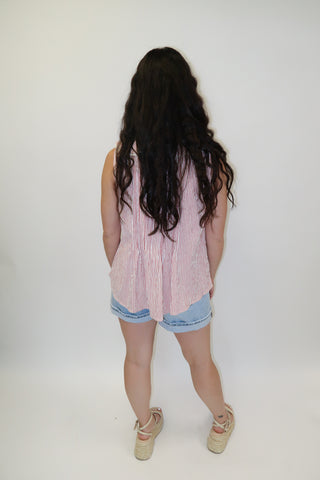 Sweet Escape Ticking Stripe Ruffle Neck Sleeveless Top - The Pink Tulip Clothing