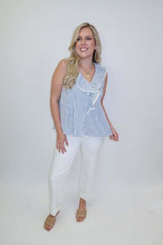 Sweet Escape Ticking Stripe Ruffle Neck Sleeveless Top