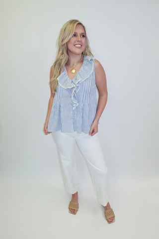 Sweet Escape Ticking Stripe Ruffle Neck Sleeveless Top - The Pink Tulip Clothing